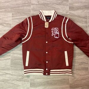 Privileged Life Burgundy and Cream Varsity Satin Jacket NWT 3XL XXXL $200 Retail